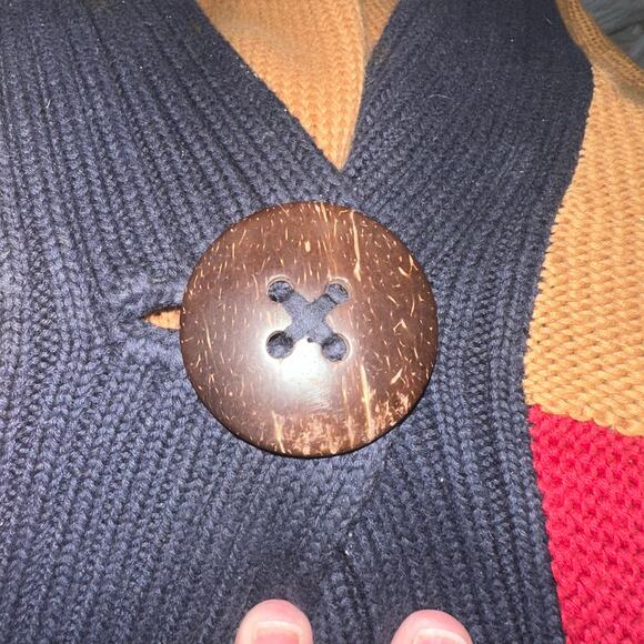 J. Peterman Colorblock Cardigan Sweater Button Front Navy Camel Red Women’s XL - Picture 3 of 7